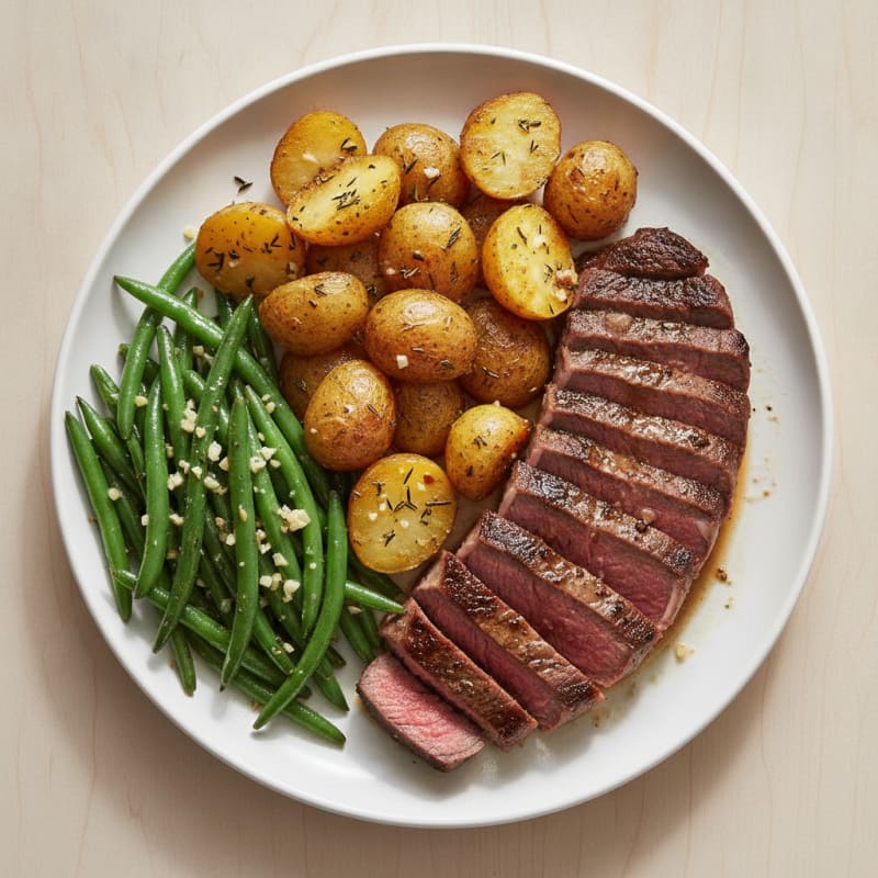 Seared Tri Tip Steak with Garlic Green Beans and Herb Potatoes