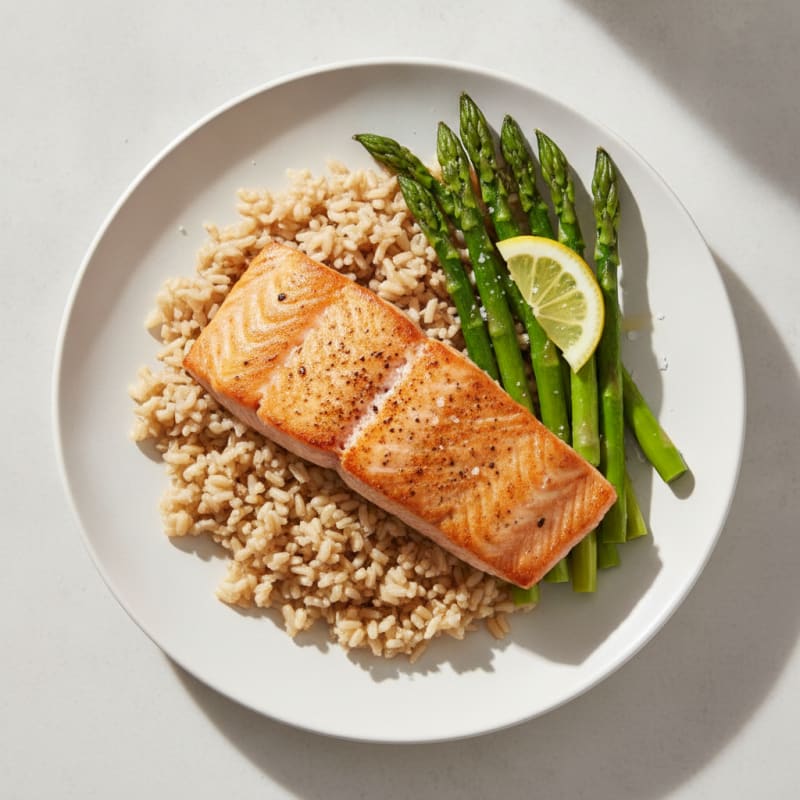 Seared Salmon with Steamed Asparagus and Brown Rice