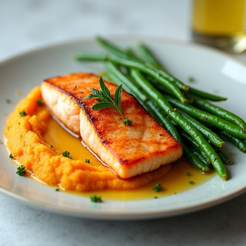 Seared Salmon Fillet with Steamed Green Beans and Mashed Sweet Potato