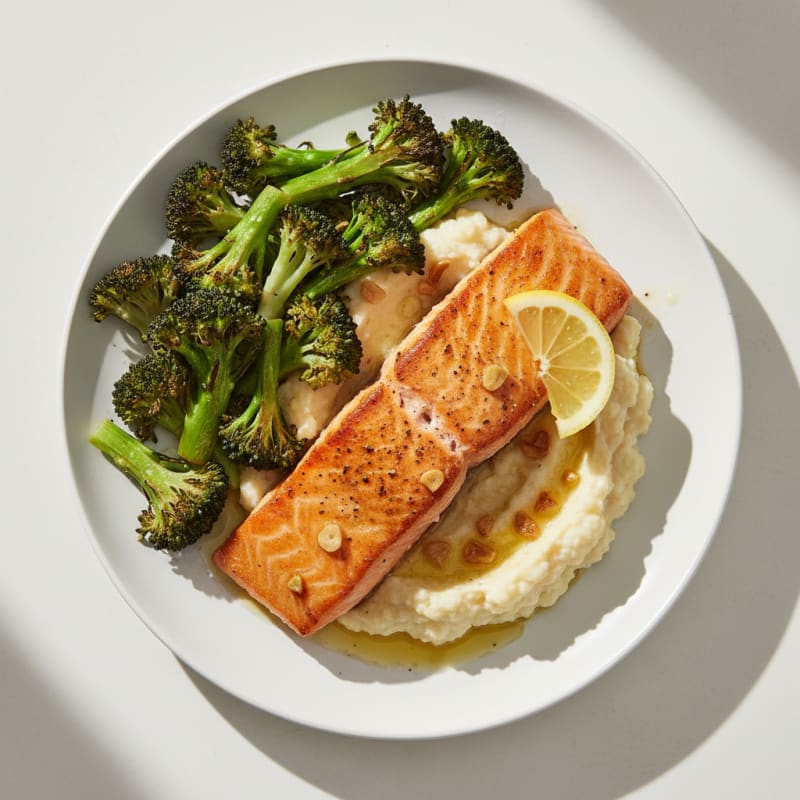 Seared Salmon with Roasted Broccoli and Cauliflower Mash