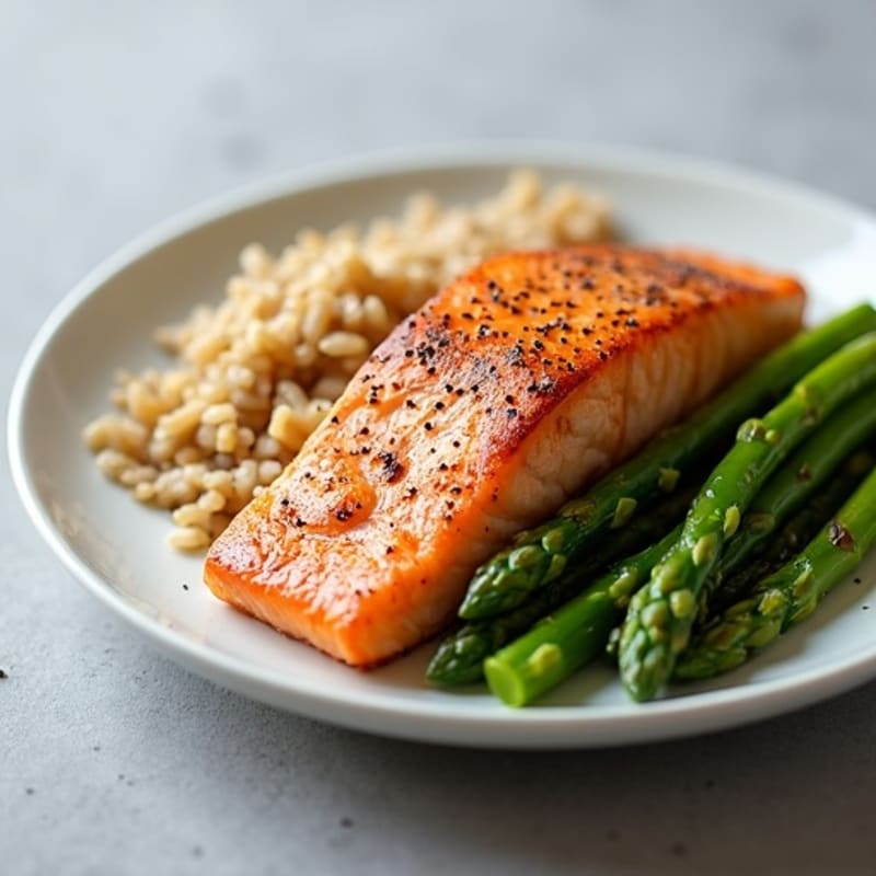 Seared Salmon with Steamed Asparagus and Brown Rice