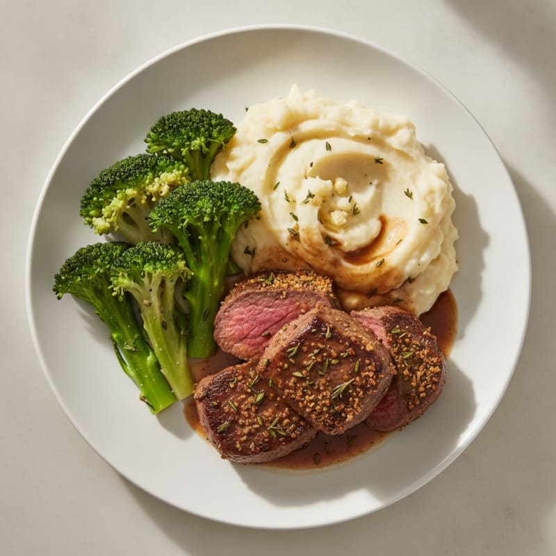 Herb-Seared Beef Tenderloin with Garlic Mashed Potatoes and Steamed Broccoli