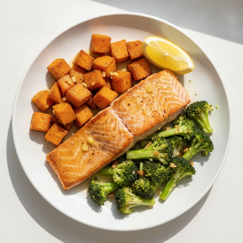Seared Salmon with Roasted Sweet Potato and Garlic Broccoli