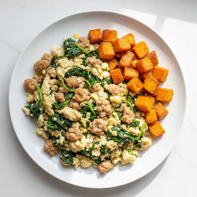Egg White and Turkey Sausage Scramble with Spinach and Roasted Sweet Potato