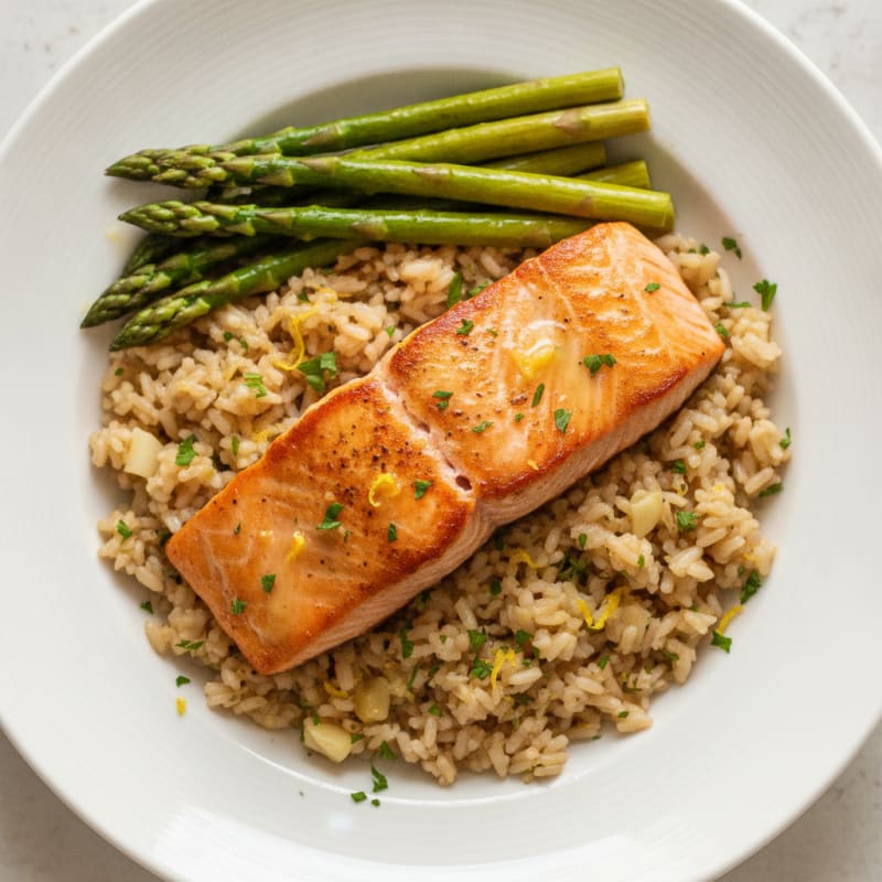 Seared Salmon with Steamed Asparagus and Lemon-Garlic Brown Rice