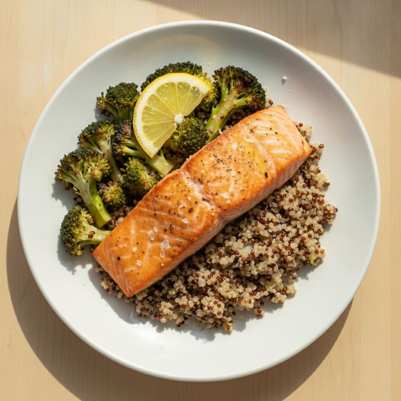 Seared Salmon with Roasted Broccoli and Quinoa