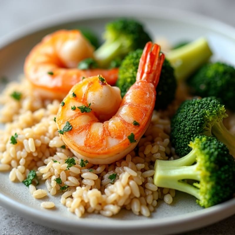 Pan Seared Shrimp with Garlic Herb Rice and Steamed Broccoli