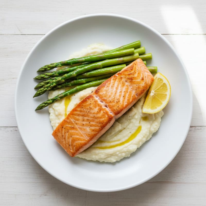 Seared Salmon with Steamed Asparagus and Cauliflower Mash