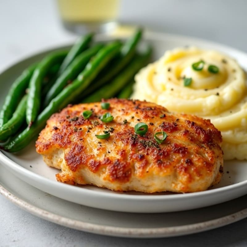 Crispy Pan-Seared Chicken with Buttery Garlic Mashed Potatoes and Roasted Green Beans