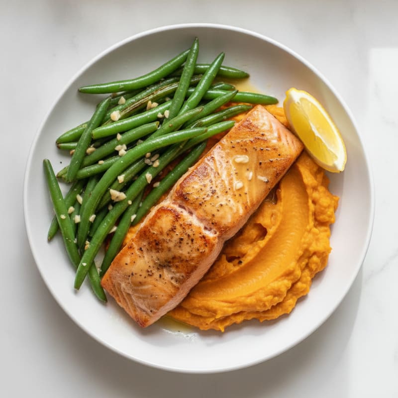 Seared Salmon with Garlic Green Beans and Sweet Potato Mash