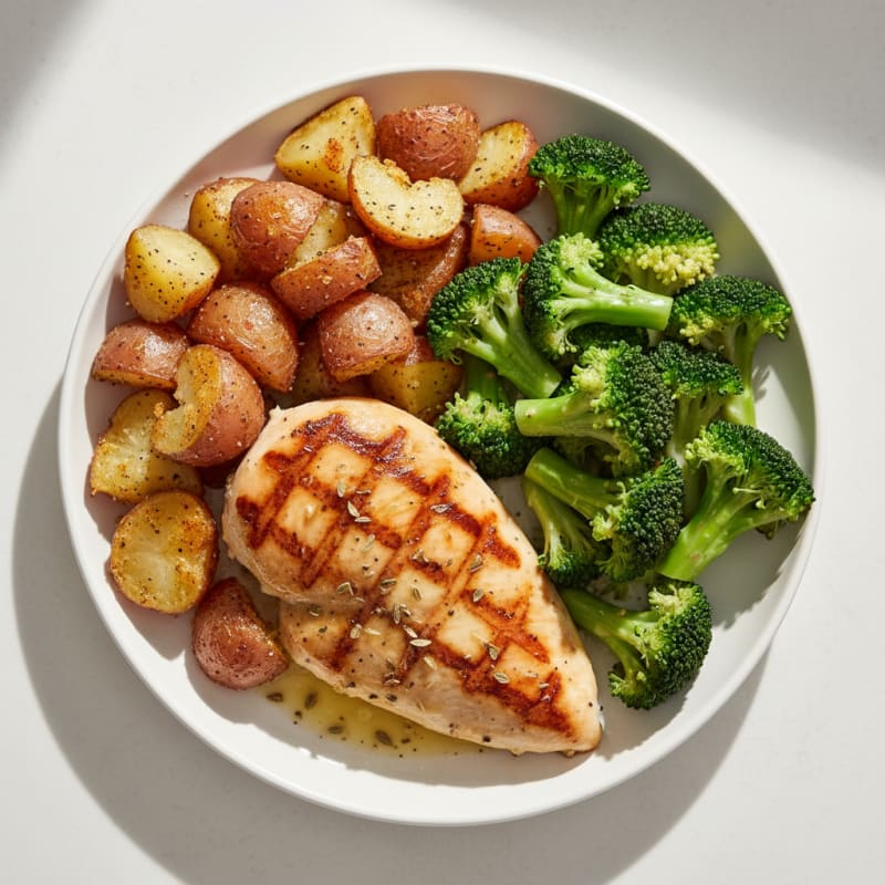 Grilled Chicken Breast with Roasted Potatoes and Steamed Broccoli