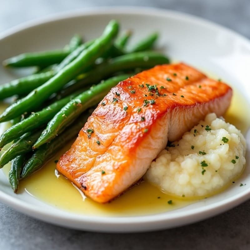 Seared Salmon with Steamed Green Beans and Cauliflower Mash