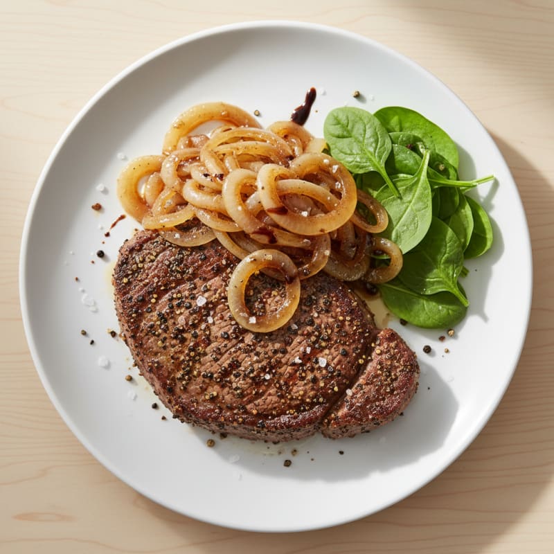 Tender Peppered Steak with Caramelized Onions