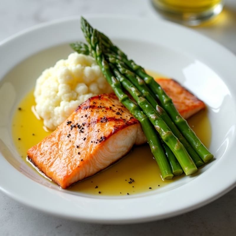 Seared Salmon with Steamed Asparagus and Cauliflower Mash