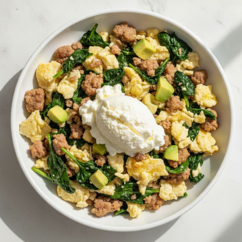 Egg White and Turkey Sausage Scramble with Cottage Cheese and Sautéed Spinach