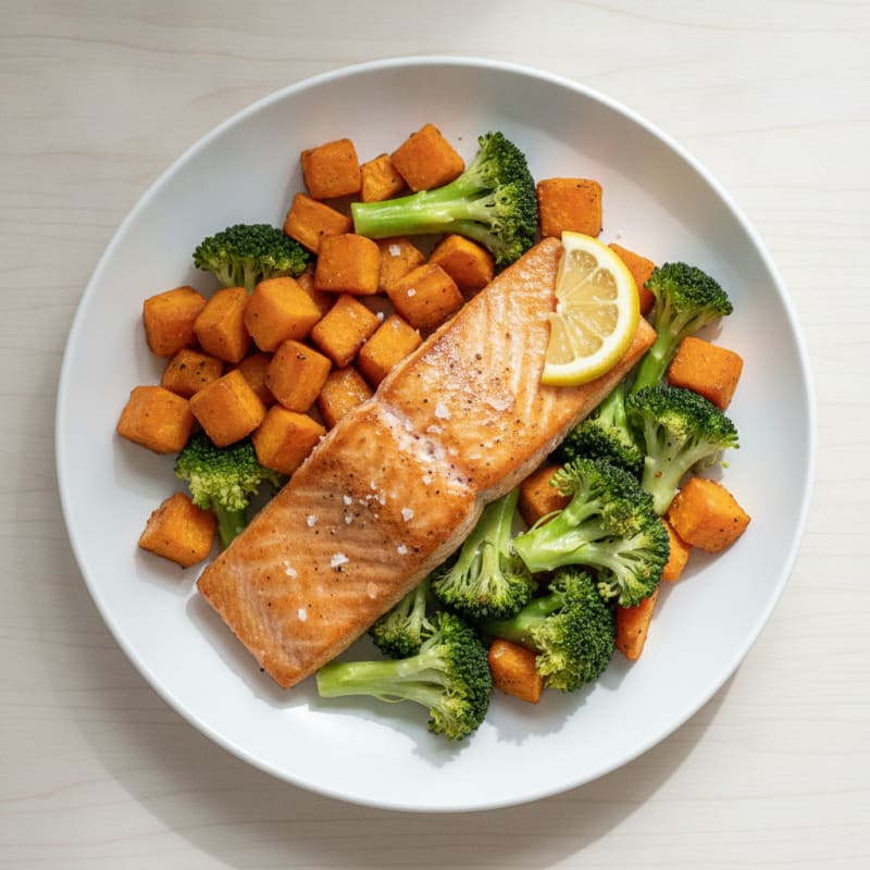 Seared Salmon with Roasted Sweet Potato and Steamed Broccoli