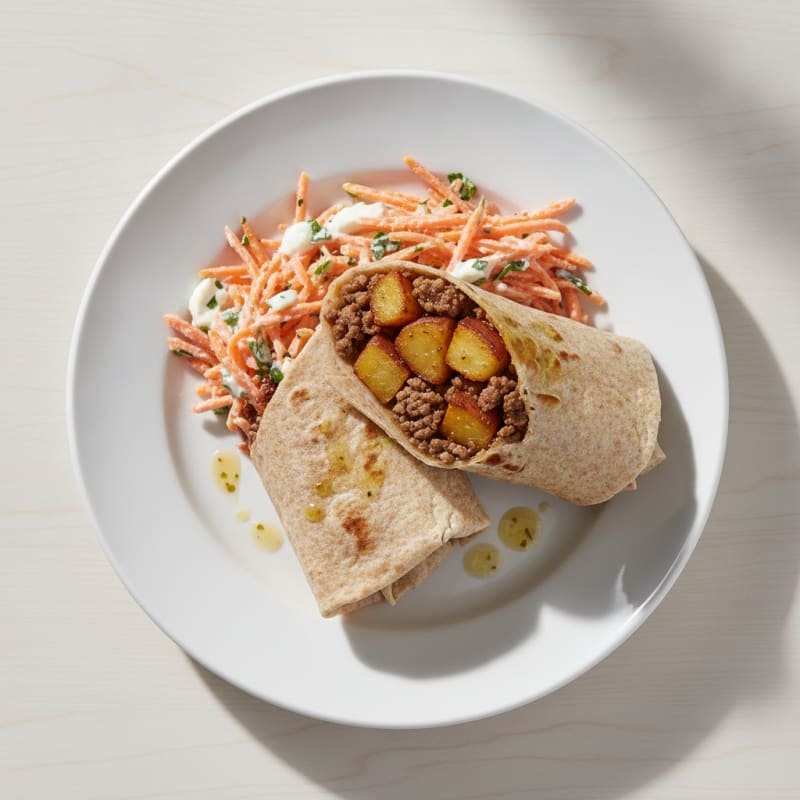 Ground Beef and Roasted Potato Wrap with Carrot Slaw