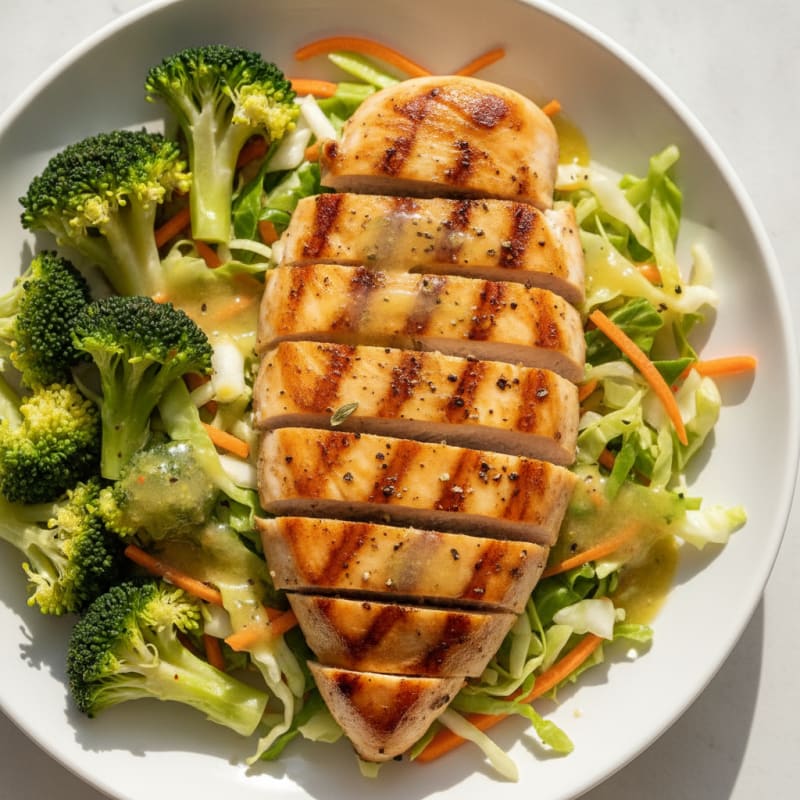 Grilled Chicken Breast Salad with Broccoli, Cabbage, and Carrots