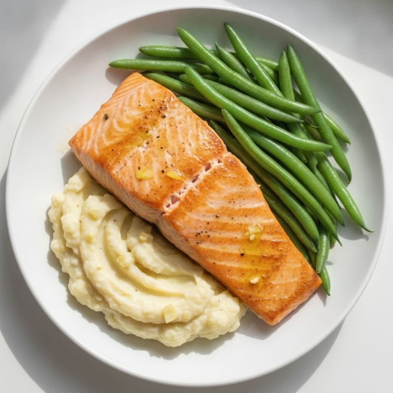Seared Salmon Fillet with Steamed Green Beans and Garlic Mashed Cauliflower