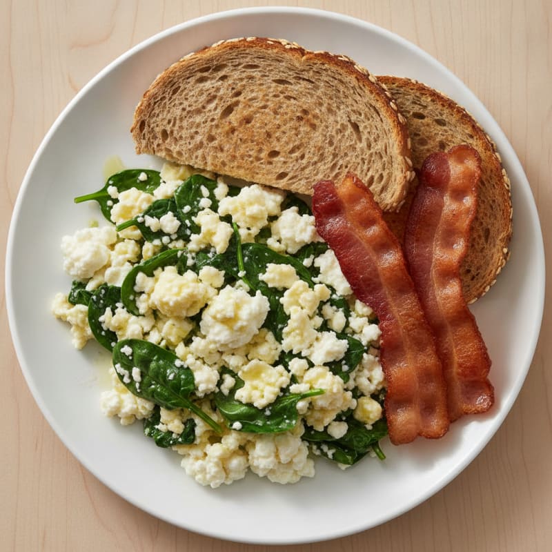 Cottage Cheese Scramble with Spinach and Turkey Bacon