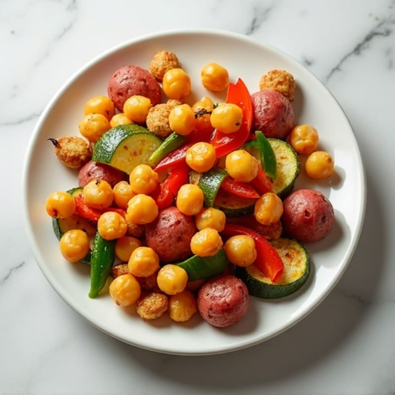 Crispy Chickpea and Vegetable Stir-Fry with Garlic Potatoes