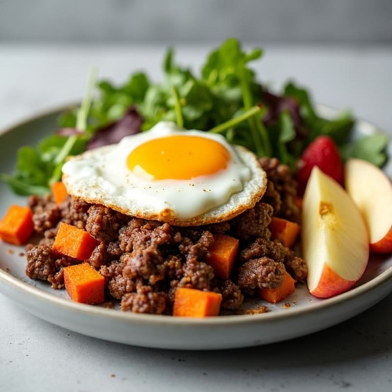 Lean Beef and Egg Hash with Roasted Sweet Potatoes and Mixed Green Vegetables, with Fresh Fruit and Creamy Greek Yogurt