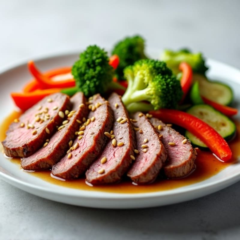 Garlic-Ginger Sesame Pan-Seared Beef with Crisp Vegetables