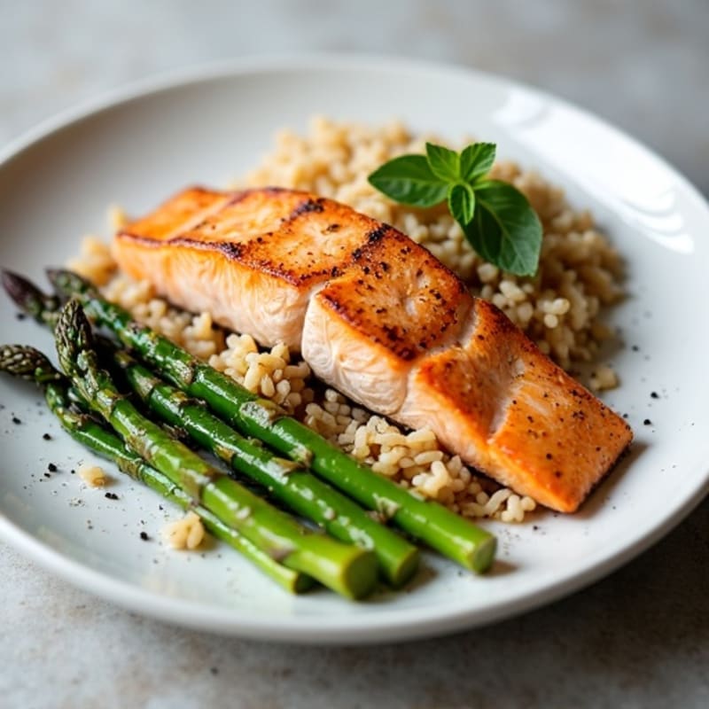 Seared Salmon Fillet with Steamed Asparagus and Brown Rice