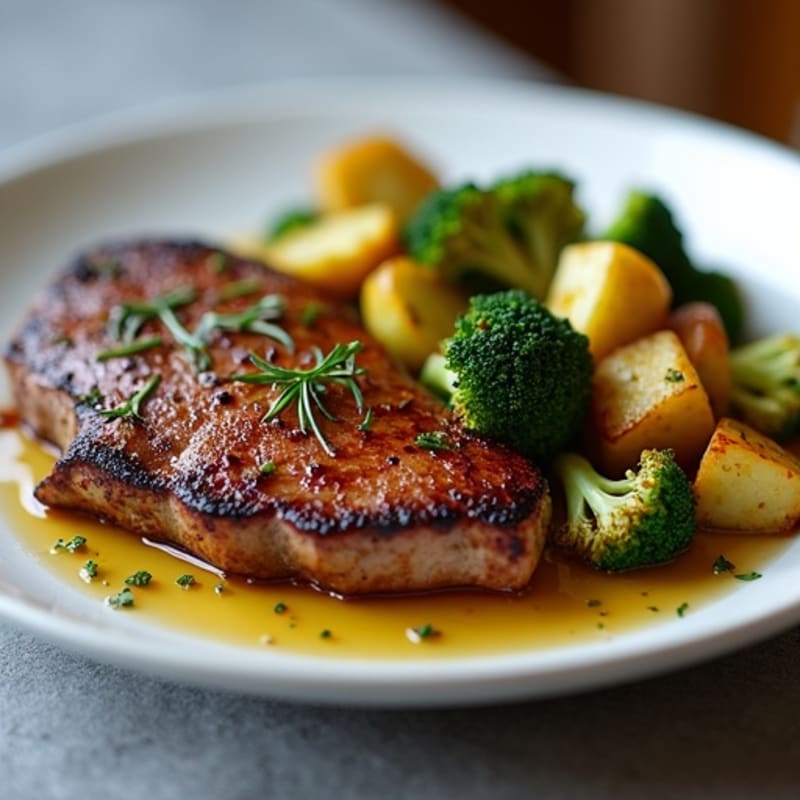 Pan-Seared Elk Steak with Crispy Roasted Brussels Sprouts, Broccoli, and Potatoes