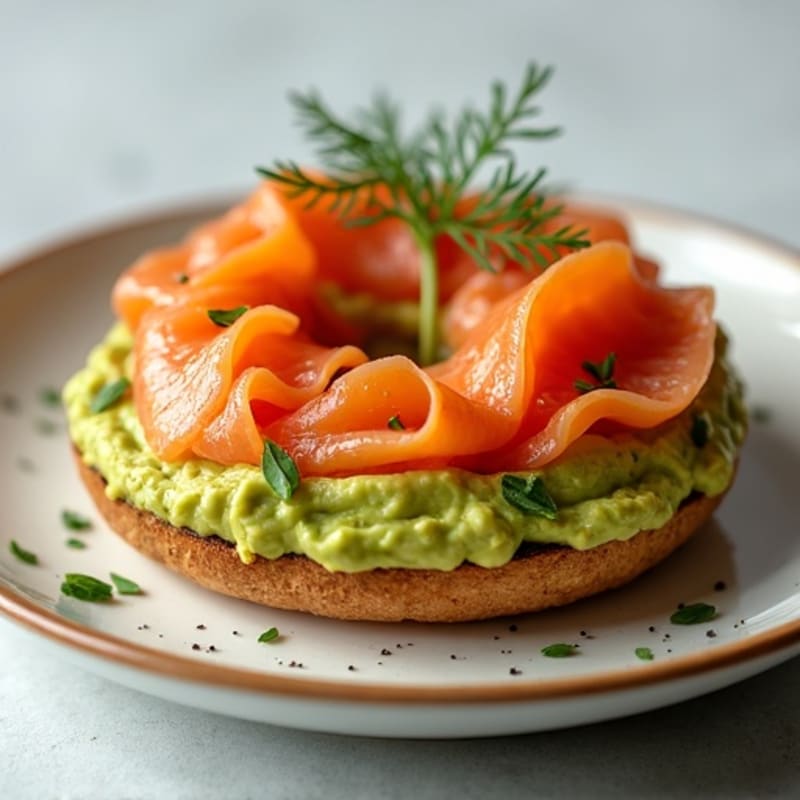 Whole Wheat Bagel with Smoked Salmon, Creamy Avocado, and Fresh Dill