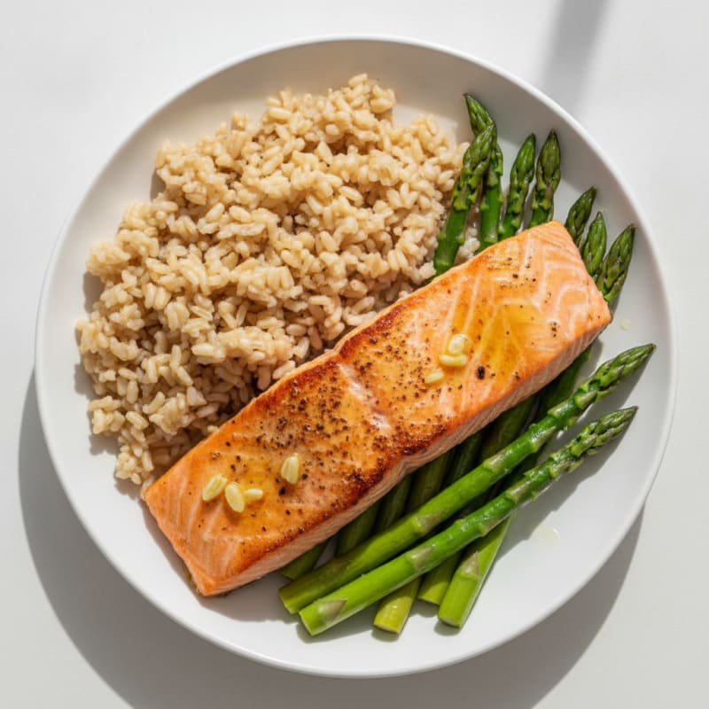 Seared Salmon with Steamed Asparagus and Brown Rice