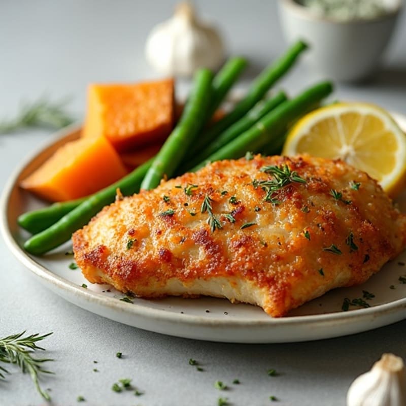 Crispy Lemon-Herb Chicken with Roasted Sweet Potatoes and Green Beans