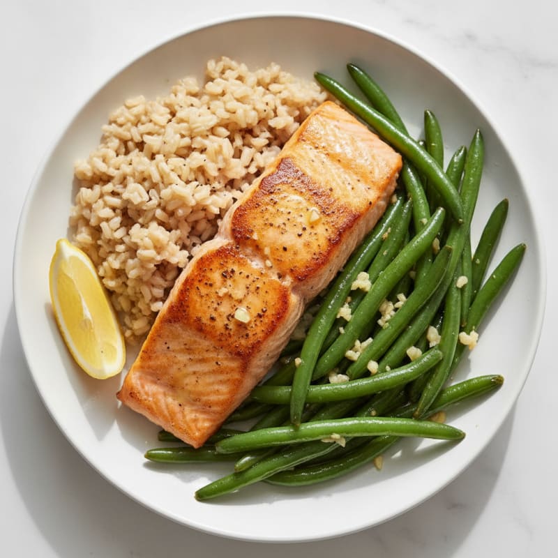 Seared Salmon with Garlic Green Beans and Brown Rice