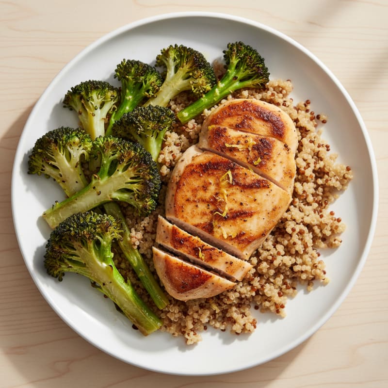 Seared Chicken Breast with Quinoa and Roasted Broccoli
