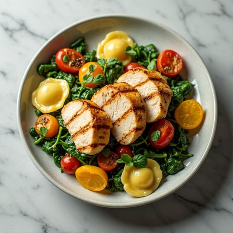 Fresh Spinach Ravioli with Roasted Vegetables and Grilled Chicken