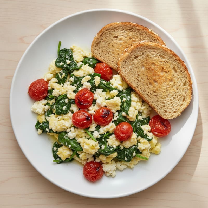 Cottage Cheese Egg Scramble with Spinach and Cherry Tomatoes