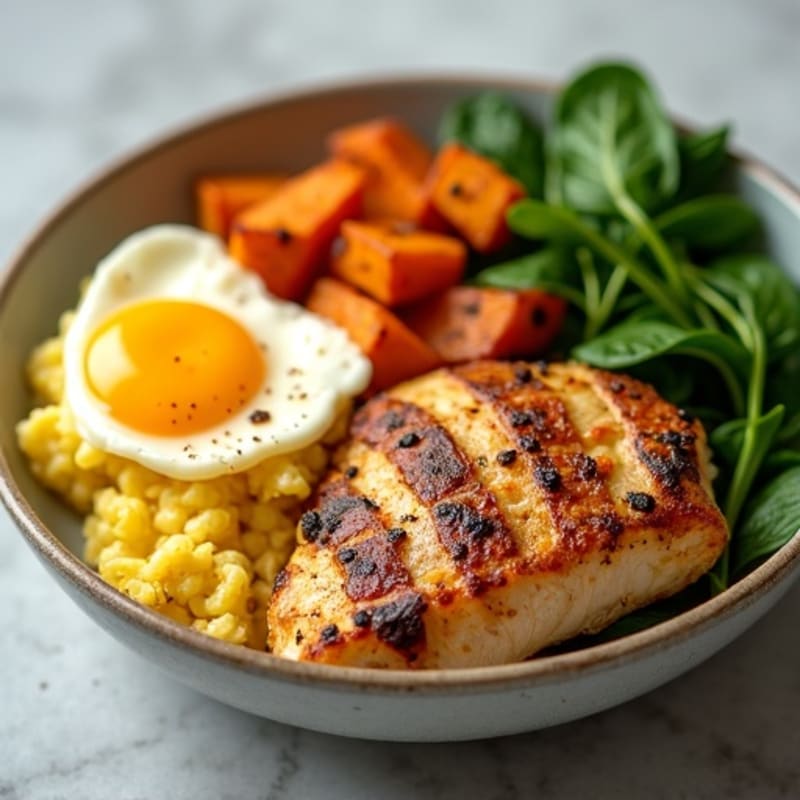 Grilled Chicken and Scrambled Egg Breakfast Bowl with Roasted Sweet Potatoes