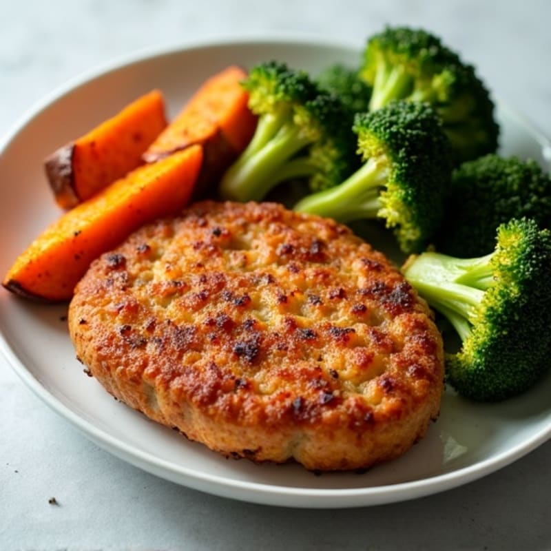 Crispy Seitan with Roasted Sweet Potatoes and Broccoli
