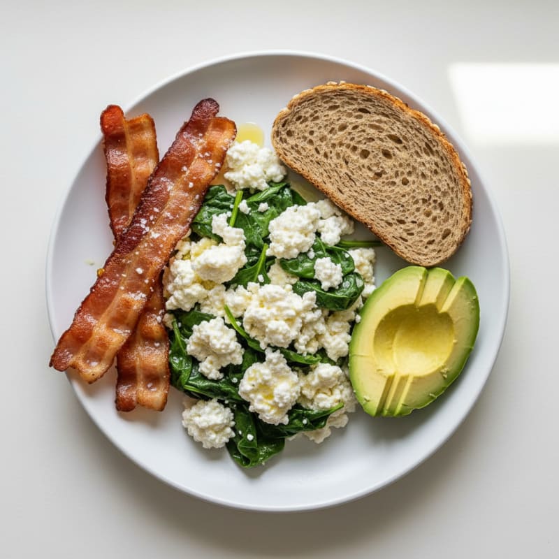 Egg White and Spinach Scramble with Cottage Cheese and Turkey Bacon