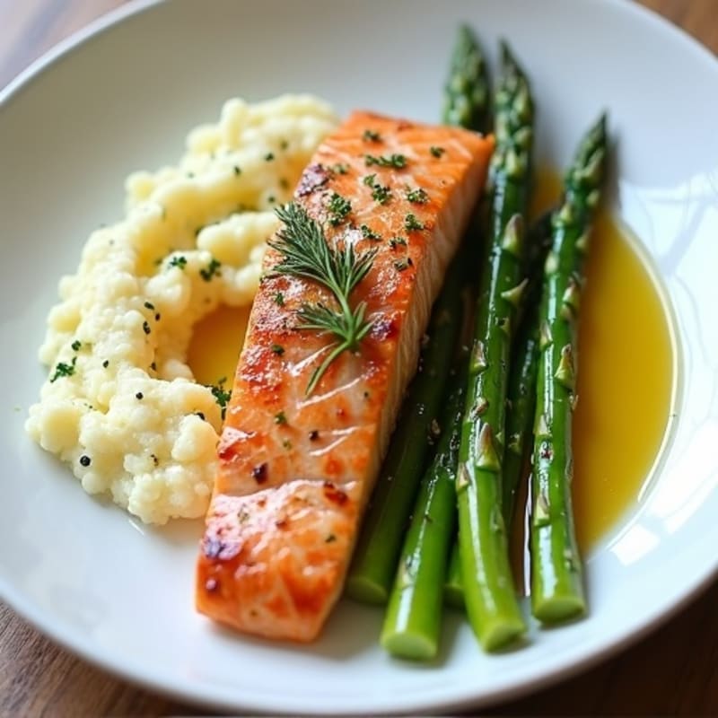 Seared Salmon with Steamed Asparagus and Cauliflower Mash
