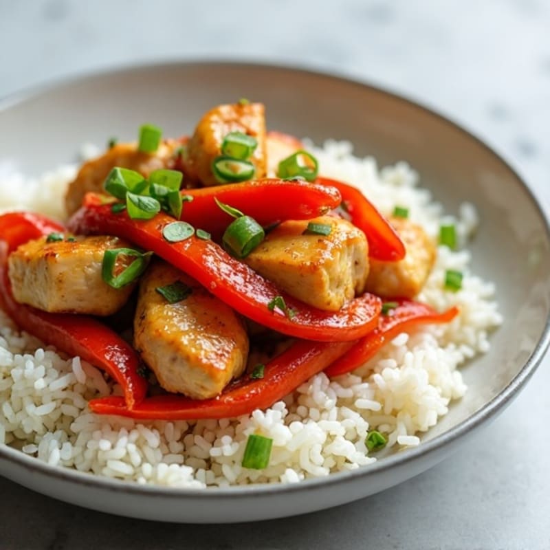Garlic-Ginger Chicken Stir-Fry with Crispy Bell Peppers and Fluffy White Rice