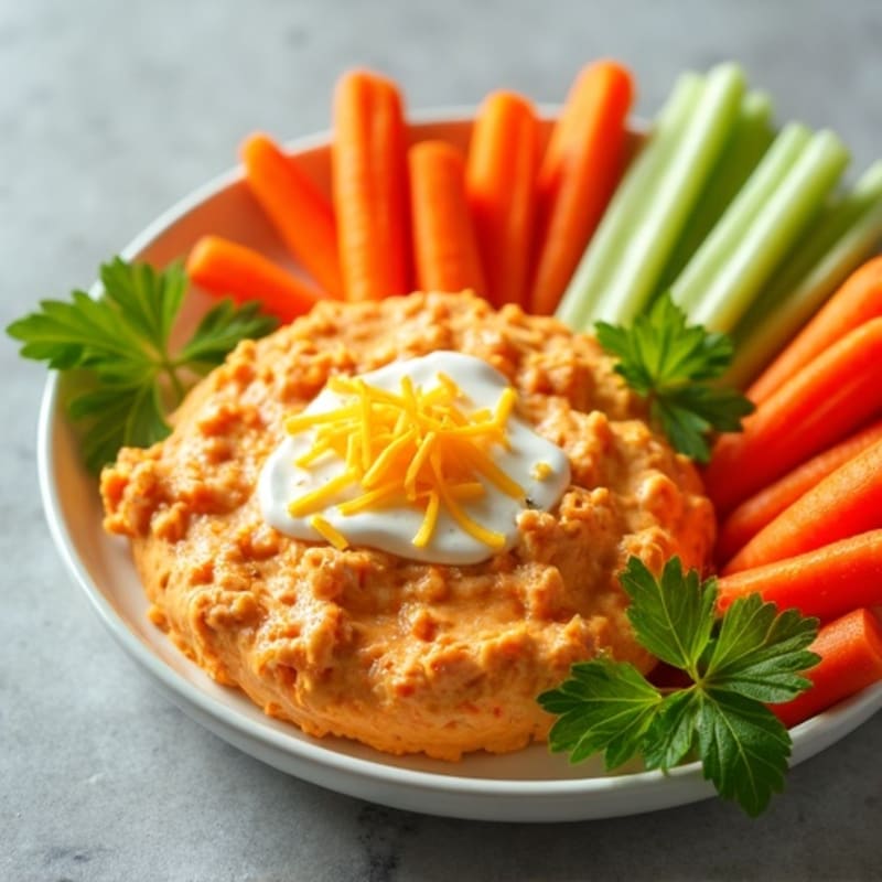 Healthy Creamy Buffalo Chicken Dip with Crunchy Veggies