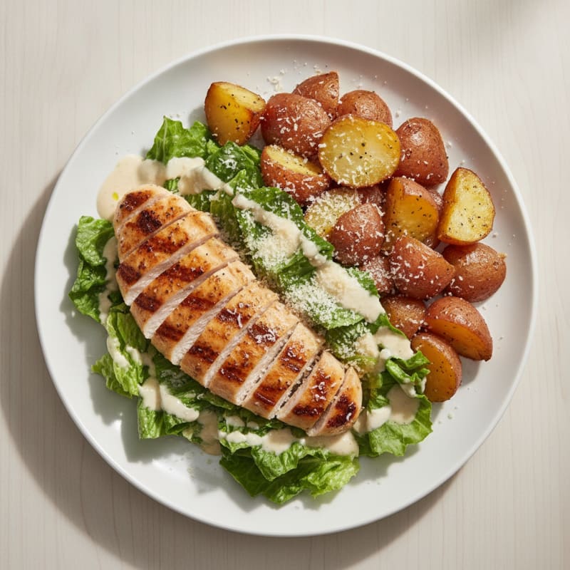 Grilled Chicken Caesar Salad with Roasted Potatoes