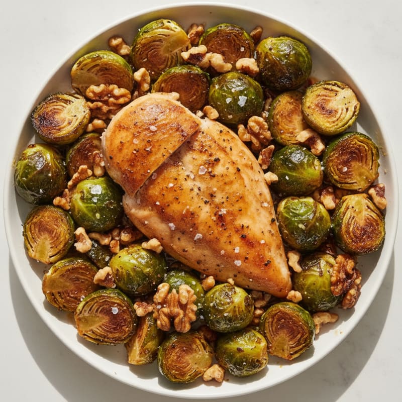 Balsamic-Glazed Brussels Sprouts with Toasted Walnuts and Roasted Chicken