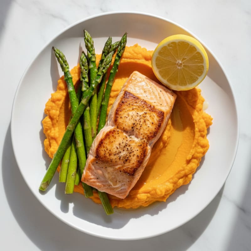 Seared Salmon Fillet with Roasted Asparagus and Sweet Potato Mash