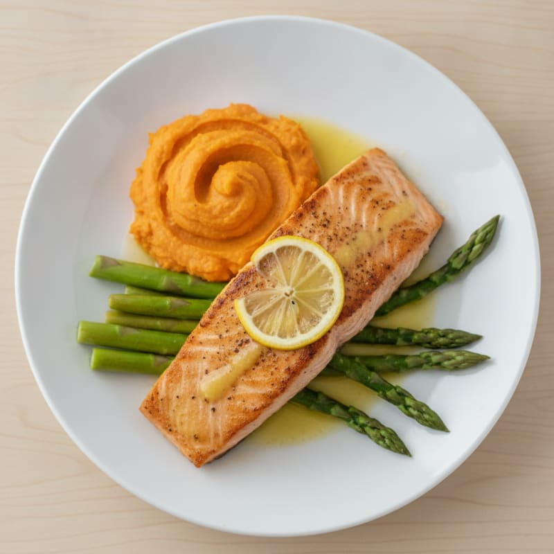 Seared Salmon Fillet with Steamed Asparagus and Sweet Potato Mash