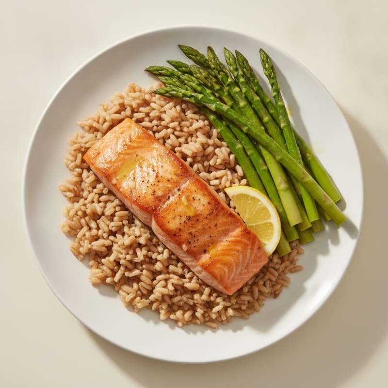 Seared Salmon Filet with Steamed Asparagus and Brown Rice