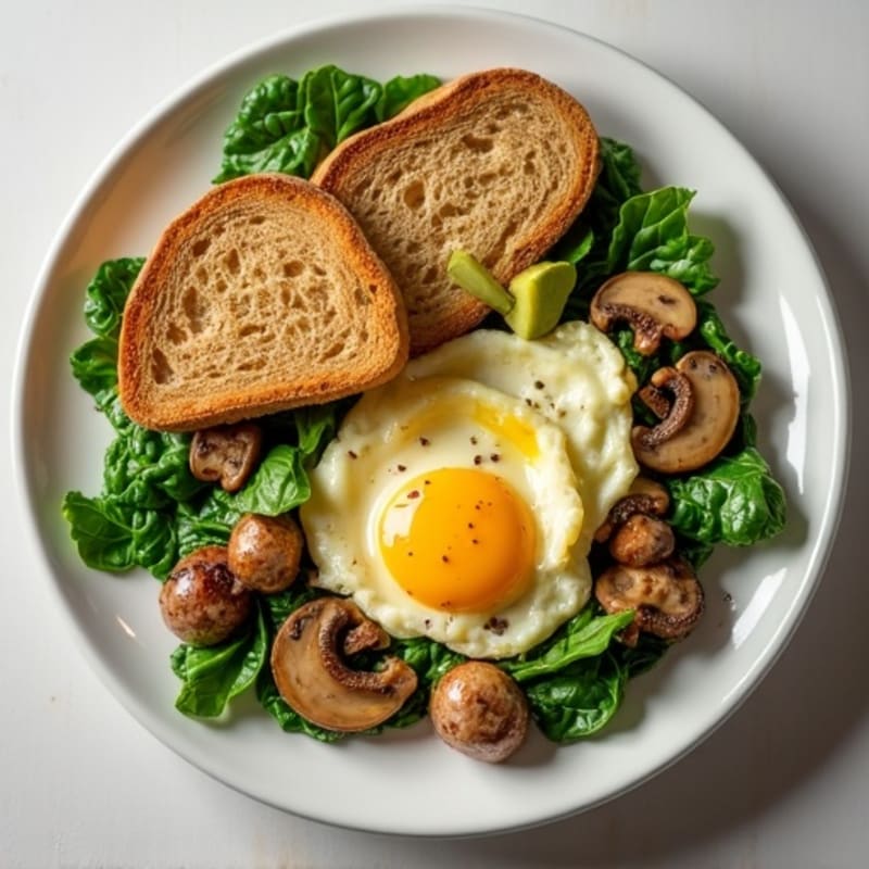 Egg White Spinach Scramble with Turkey Sausage and Sautéed Mushrooms