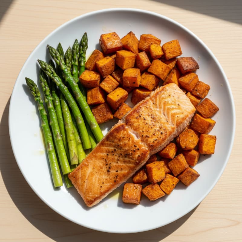 Seared Salmon with Roasted Sweet Potatoes and Asparagus