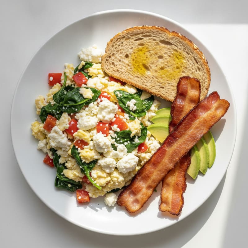 Egg White Veggie Scramble with Cottage Cheese and Turkey Bacon